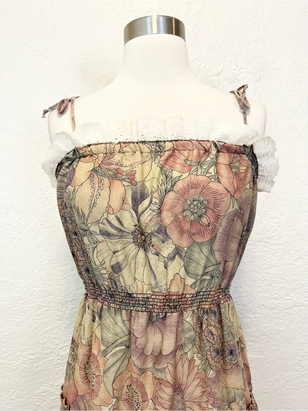Vintage Dress Midi Floral Cottagecore Farmhouse Boho Prairie Mauve Beige S/M - Picture 4 of 14